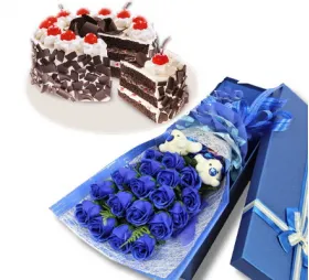 24 blue roses with black forest cake